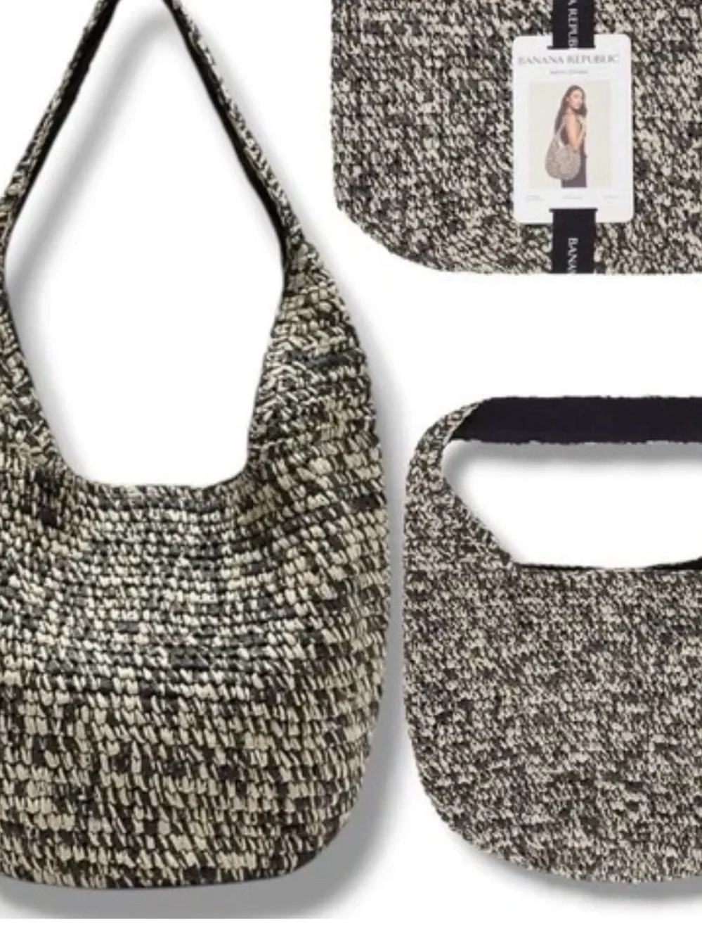 Banana Republic Raffia Tote Bag Black/Ivory Magnetic Closure Lined, Pockets
